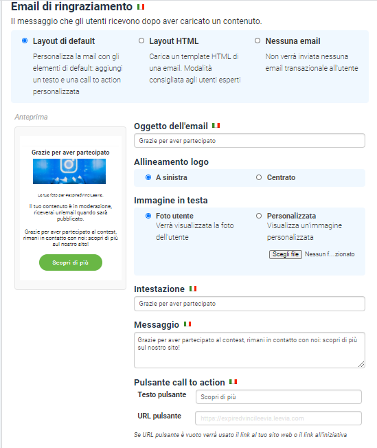 impostazione di email di ringraziamento per i contest di leevia